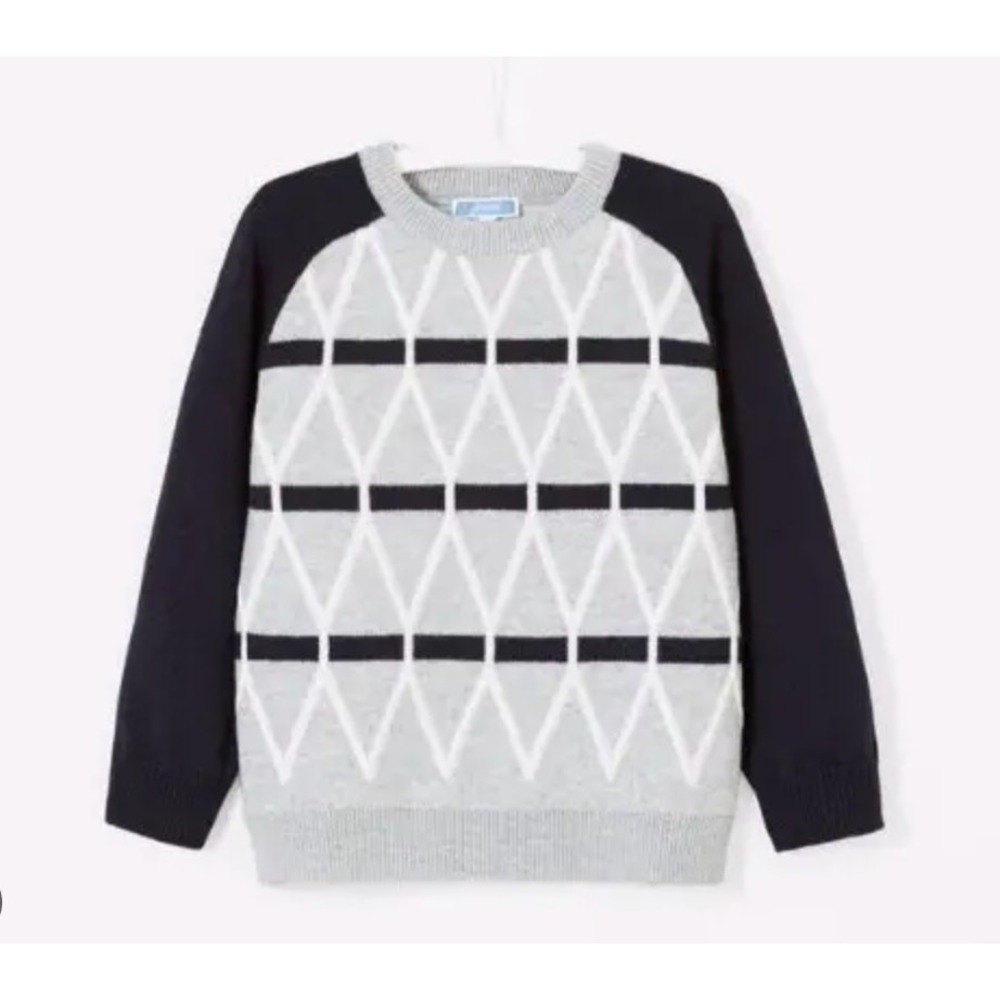Jacadi Paris Boys Sweater Size 12A (12y) Geometric Wool Blend Navy Gray Pullover